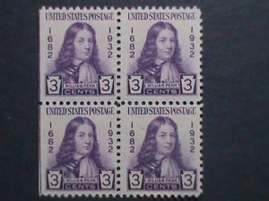 UNITED STATES-1932 SC#724 WILLIAM PENN-200TH ANNIVERSARY-MNH-BLOCK-VERY FINE