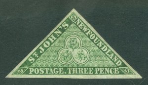 SG 11 Newfoundland 1860. 3d green. Fine unmounted mint. Full-large margins...