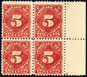 J64, Mint NH 5¢ Block of Four Postage Due Stamps SCV $130.00 - Stuart Katz