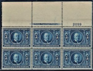 US 326 Early Commemoratives F-VF NH Top Plate Block of 6