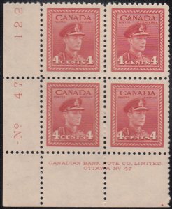 Canada 1943 MNH Sc #254 4c George VI War Plate 47 LL Block of 4