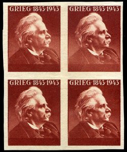 Norway #256, 1943 20h Grieg, imperf. block of four with imprint and value omi...