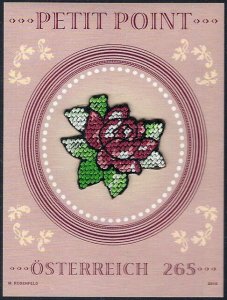 2010 Austria Petit Point embroidered rose, flowers Souvenir Sheet VFMNH, LOOK!