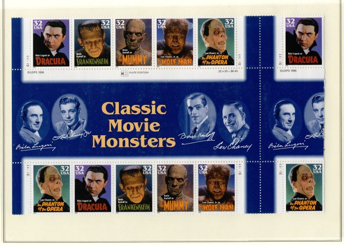 US #3168 - 71 Movie Monsters,  FULL GUTTERS from press sheet, VF OG NH, Very ...