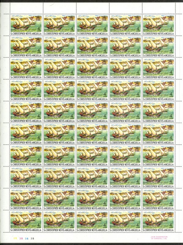 ST KITTS NEVIS 1975-77 4c SHIPS WMKD 373 Sc 210b SHEET OF 50 MNH