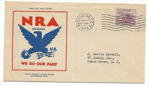 US 732 (PL-2) 3c National Recovery Act FDC 1st Linn’s News Cachet ECV $45.00