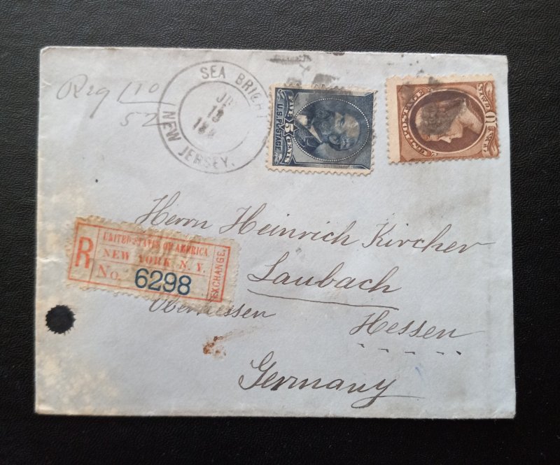 US Sc #209,216 Postal Cover Registered Letter New Jersey US To Germany 1888