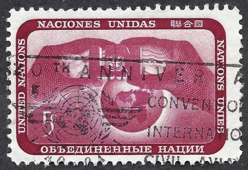 United Nations #106 5¢ Regular Issue - Hands and Globe (1962). Used.