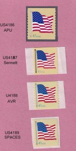 Singles 41c Flag Den APU US 4186, Sennett 4187, AVR 4188, Spaces 4189 Lot 4 MNH 