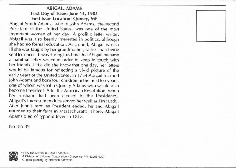 1985 FDC, #2146, 22c Abigail Adams, Maximum Card