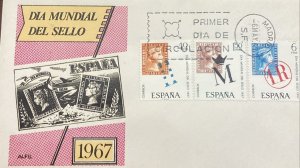 D)1967, SPAIN, FIRST DAY COVER, ISSUE, WORLD STAMP DAY, QUEEN ELIZABETH II, FDC