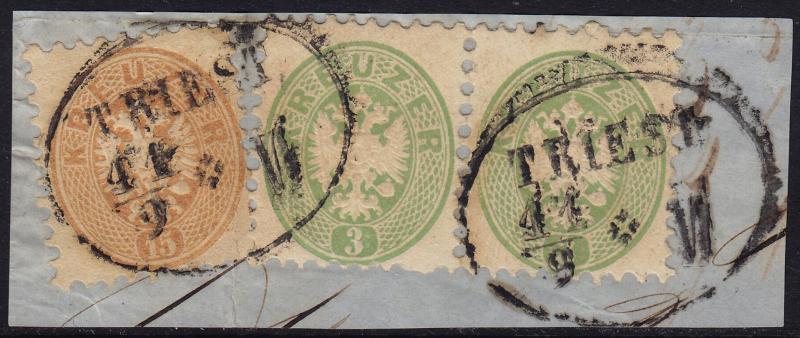 Austria - 1863 - Scott #23 (pair) + #26 used on piece  - TRIEST pmk Italy