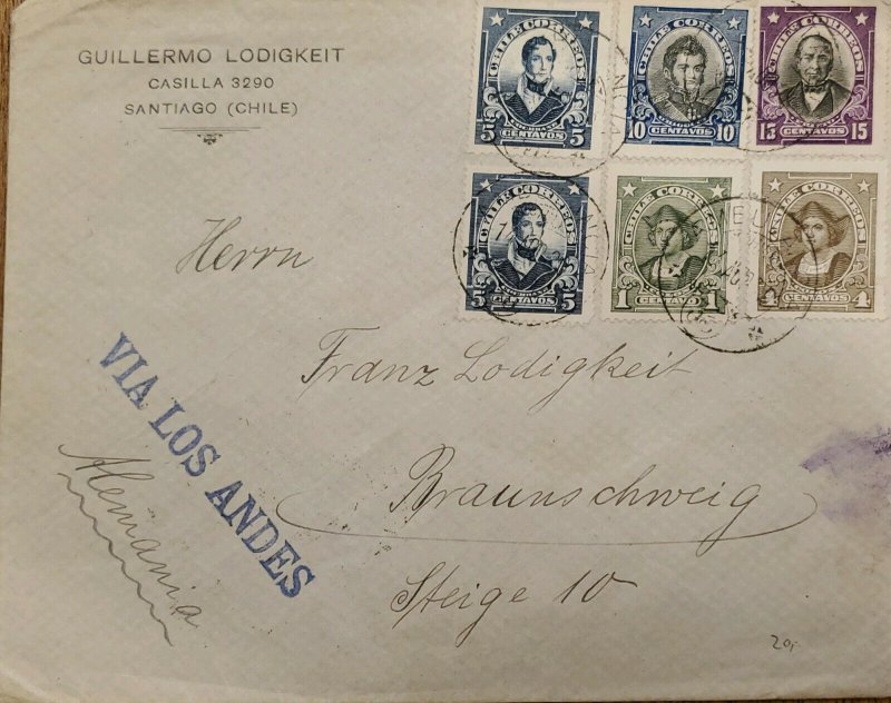 J) 1903 CHILE, COLUMBUS, MULTIPLE STAMPS, CIRCULATED COVER, FROM SANTIAGO TO GER