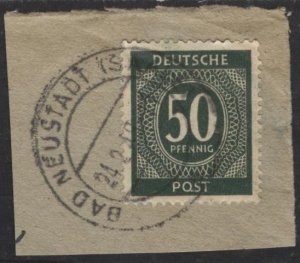 Germany 551 (used on piece, Bad Neustadt pmk) 50pf numeral, dk olive grn (1946)