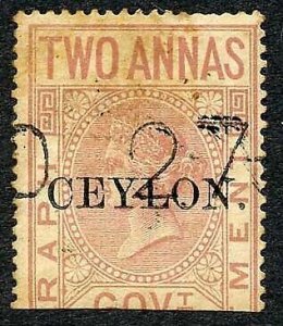 Ceylon Telegraph SGT1 2a India (toned) opt Ceylon with Colombo Pmk Cat 61