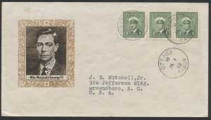 1942 #249 1c George VI War Issue FDC Strip of 3 Ioor Cachet Ottawa