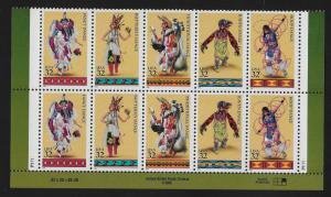 U..S.#3072-3076 American Indian Dances 32c Plate Block of 10-2 P#'s, MNH.