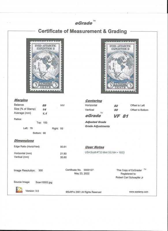 733 3 cents Byrd Antarctic Stamp mint OG NH EGRADED VF 81
