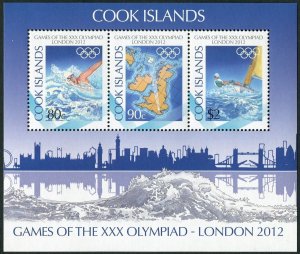 Cook Islands 1413-1415a sheet,MNH. Olympics London-2012.Swimming,Map,Sailing.