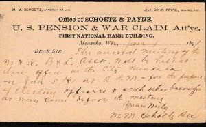 United States 1891 UX9 Civil War Pension & Claims Att'ys, Menasha, Wis,