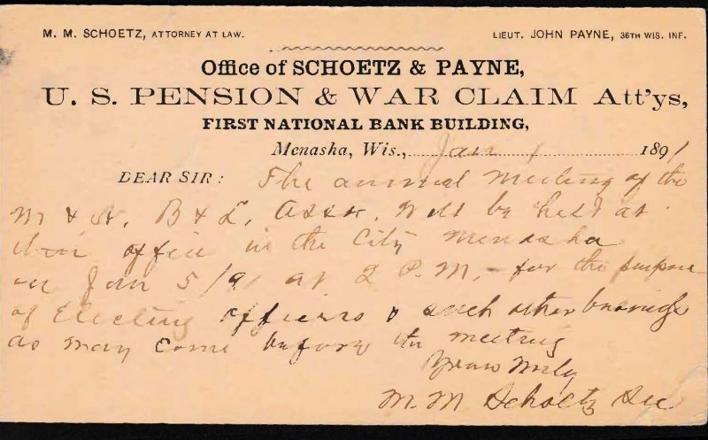 United States 1891 UX9 Civil War Pension & Claims Att'ys, Menasha, Wis,