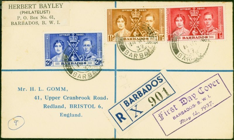 Barbados 1937 Coronation Set of 3 SG245-247 on Reg 1st Day Cover to Bristol 