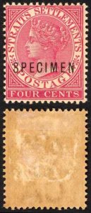 Straits Settlements SG98s 4c Deep Carmine Opt Specimen M/M (hinge remainder)