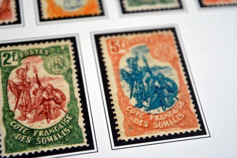 COLOR PRINTED SOMALI COAST 1894-1966 STAMP ALBUM PAGES (40 illustrated pages)