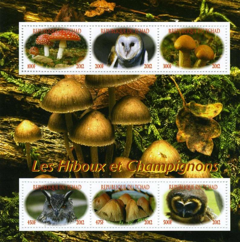 Chad 2012 BIRDS OF PREY & MUSHROOMS Sheet (6) Perforated Mint (NH)