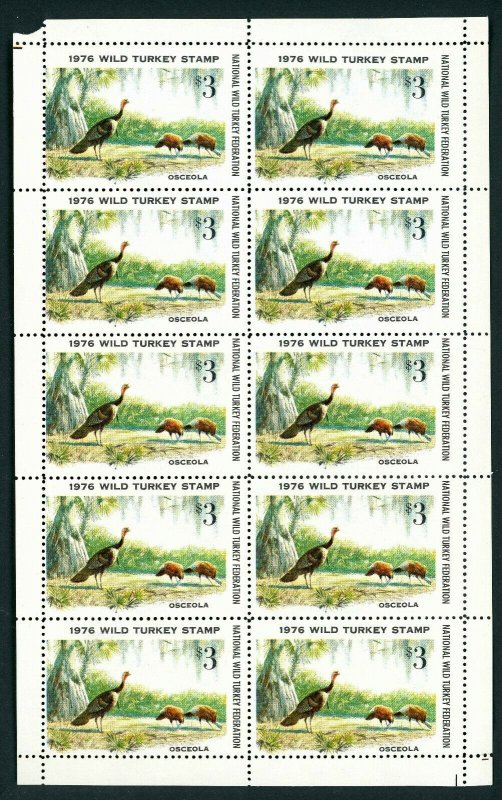 NATIONAL WILD TURKEY FEDERATION STAMP 1976 FULL SHEET OF 10 .Reg $55 single