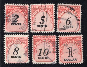 US 1959 2c, 5c, 6c, 8c, 10c, $1 Postage Due, Scott J90, J93-J94, J96-J97, J100