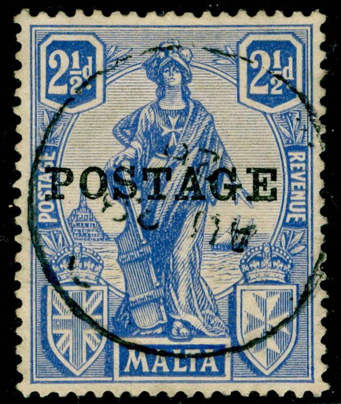 MALTA SG148, 2½d ultramarine, FINE USED, CDS.