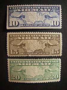 Scott C7-C9, 10 - 20c Two Mail planes and US Map, MLH Airmail Singles, CV $11+