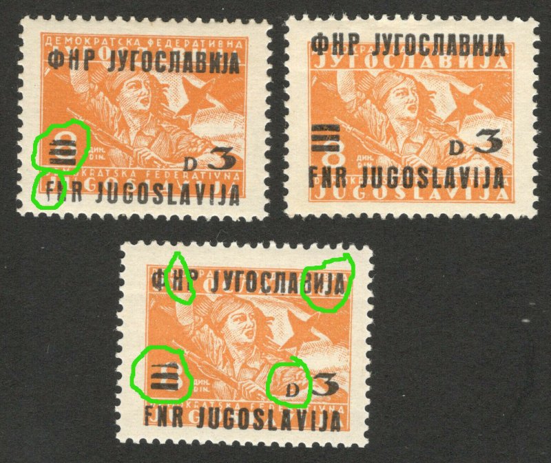 YUGOSLAVIA - 3 MNH STAMPS, 3/8 din. - DIFERENT OVERPRINT - 1949. 