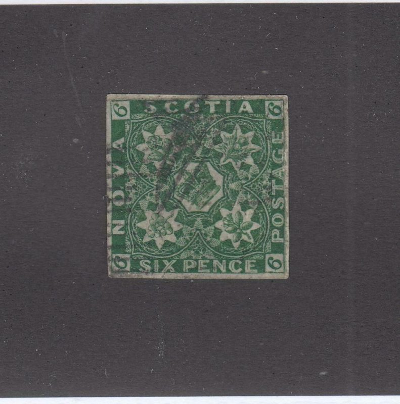 NOVA SCOTIA # 5 VF-LIGHT USED 6d DARK GREEN IMPERF CAT VALUE $3000