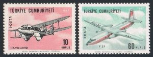 Turkey C39-C40, MNH. Air Post 1967. De Havilland Rapide biplane, Fokker plane.