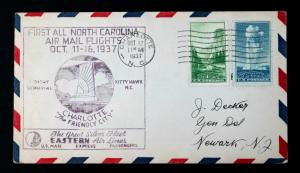 US #740,744 CHARLOTTE NC 10/12/37 FIRST ALL NC AIR MAIL FLIGHTS EASTERN AIRLINE