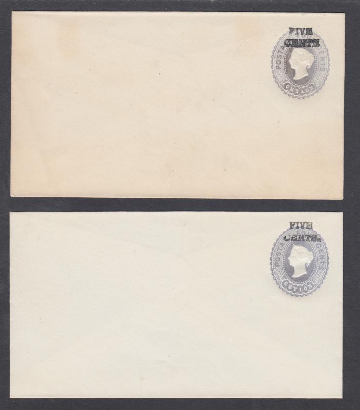 Ceylon H&G B16, B16a, mint. 1886 5c on 4c gray QV envelope, 2 different 