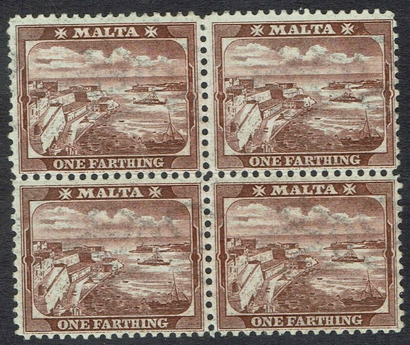 MALTA 1899 VALETTA HARBOUR 1/4D MNH ** WMK CROWN CA SIDEWAYS REVERSED BLOCK