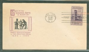 US 857 1939 3c/300th anniversary of printing in the United States (single) on an unaddressed first day cover with an Ioor cachet