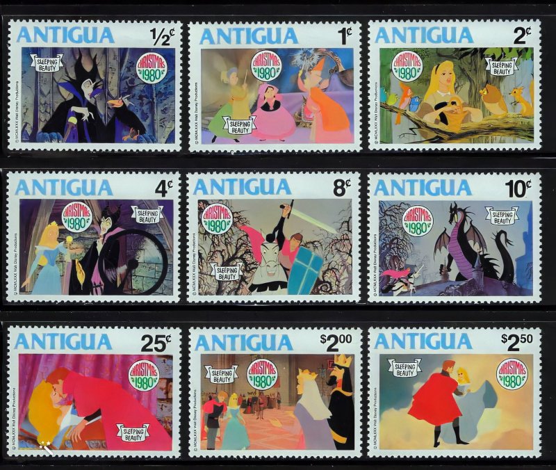 Antigua 1980 Sc#592/600 DISNEY SLEEPING BEAUTY CHRISTMAS Set (9) MNH