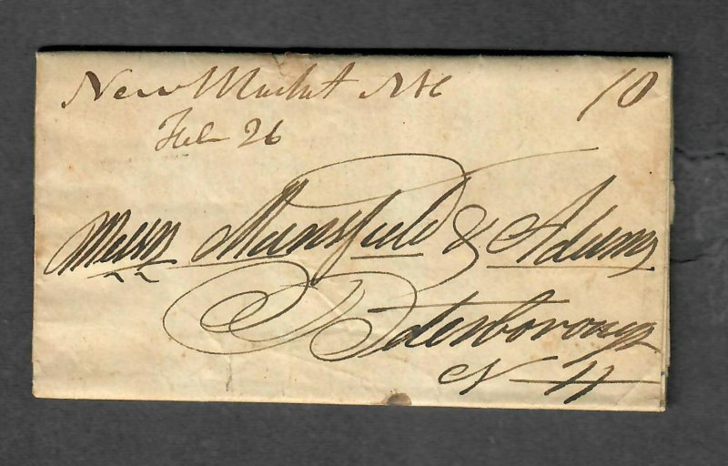 1839 New Market NH Stampless Cover M/S Cancel+Letter