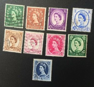 Great Britain Scott Number 319-320, 322-325, 327, 332, 333 Types of 1952-54 Used