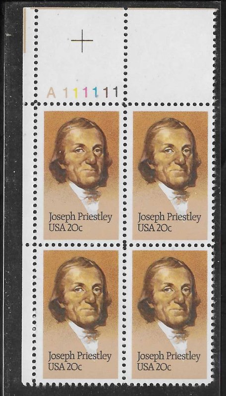 US#2038 $0.20 Joseph Priestley  PB of 4 (MNH) CV $1.75