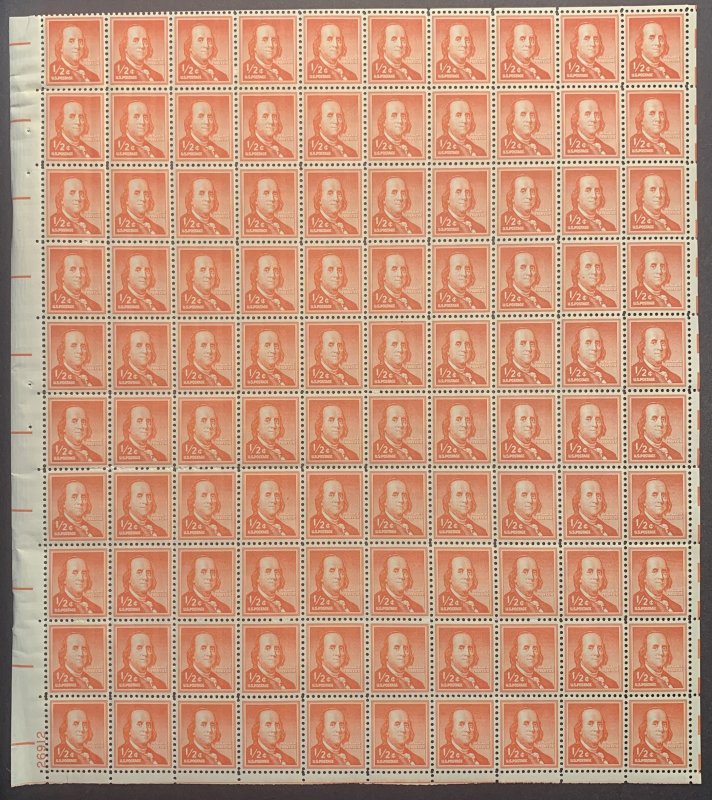 #1030 – 1955 Liberty Series - 1/2¢ Benjamin Franklin. Mint Sheet. MNH.