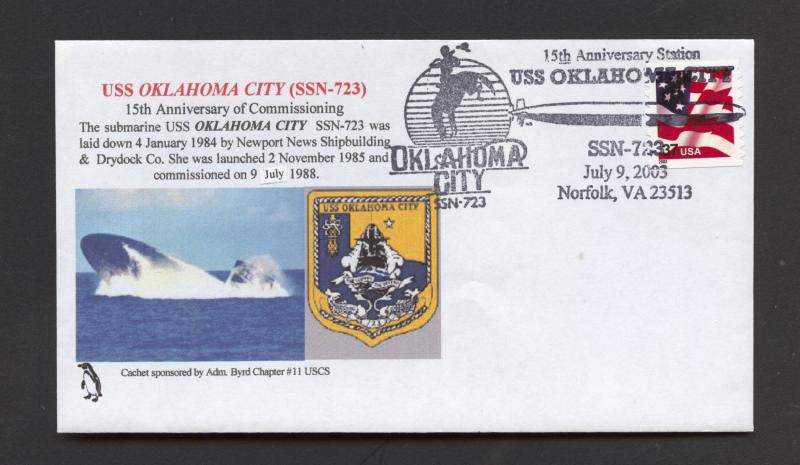 NAVAL COVER - USS OKLAHOMA CITY SSN-723 - 15th ANNIVERSARY OF COMMISSIONING