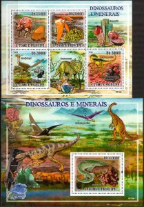 Sao Tome and Principe 2009 Dinosaurs Minerals sheet + S/S MNH