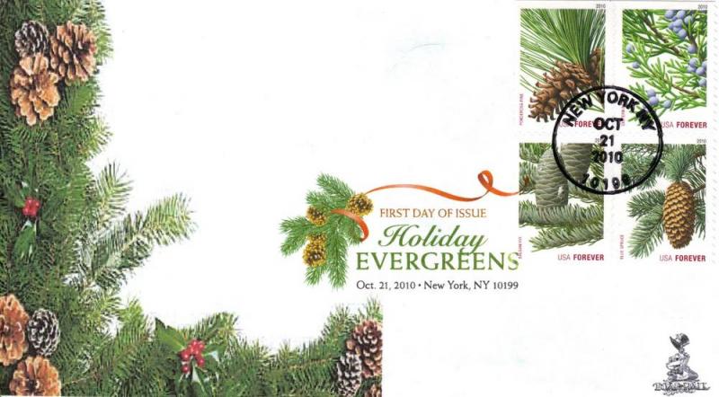 Holiday Evergreens First Day Cover, with DCP/bullseye