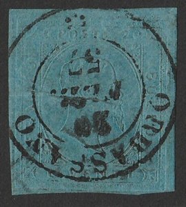 ITALY - SARDINIA 1853 King Embossed 20c blue on coloured paper. Sass 5 cat €400.