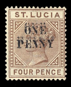 St. Lucia #42b Cat$275, 1892 1p on 4p brown, surcharge double, hinged, with 1...